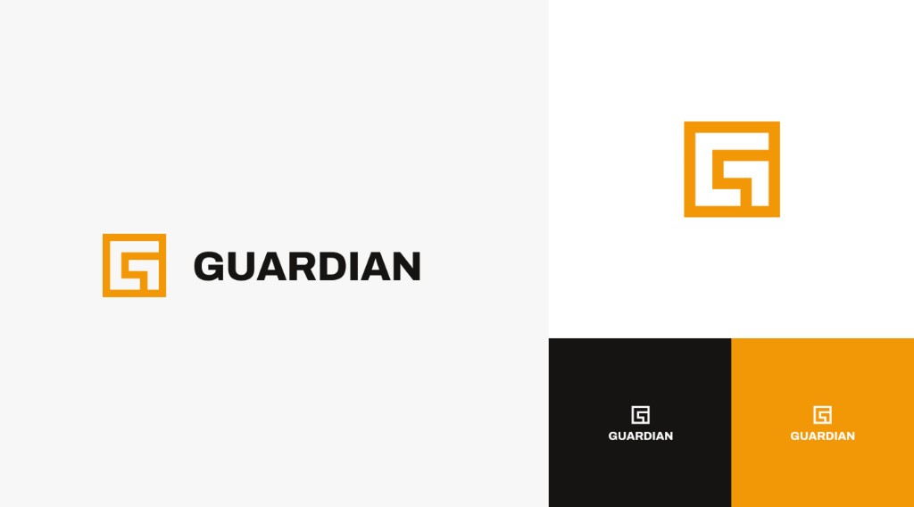 Guardian brand identity: logo lockups in orange, black, and white