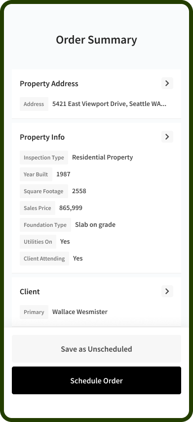 Order summary — expanded values and actions