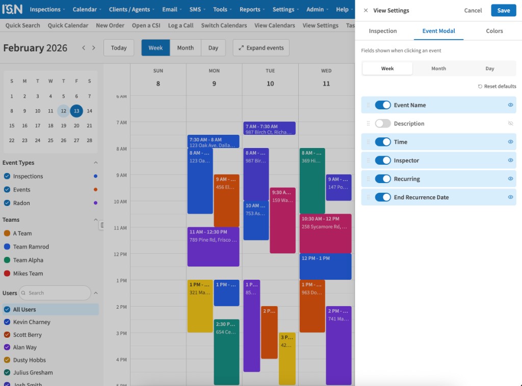 Calendar week view with View Settings panel open: toggles for event name, time, inspector, and recurrence