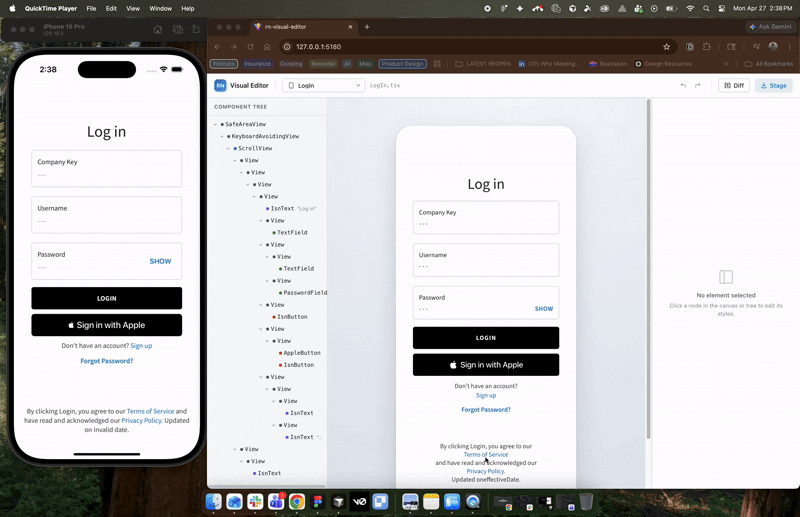 Screen recording: iPhone simulator with Log in screen alongside the Visual Editor editing LogIn.tsx