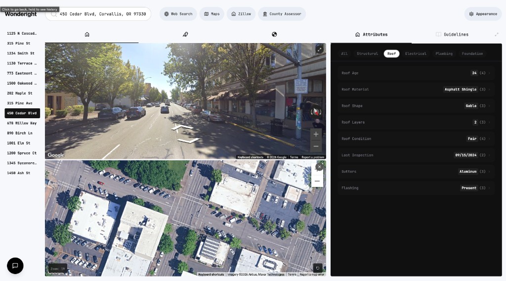 Expanded street-view workspace focused on visual property verification
